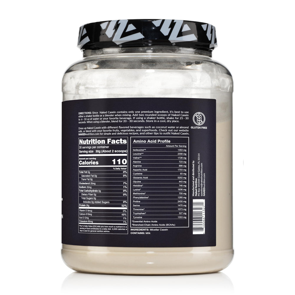 NAKED casein pure ingredients label conveying GMO-free and allergen-friendly protein.
