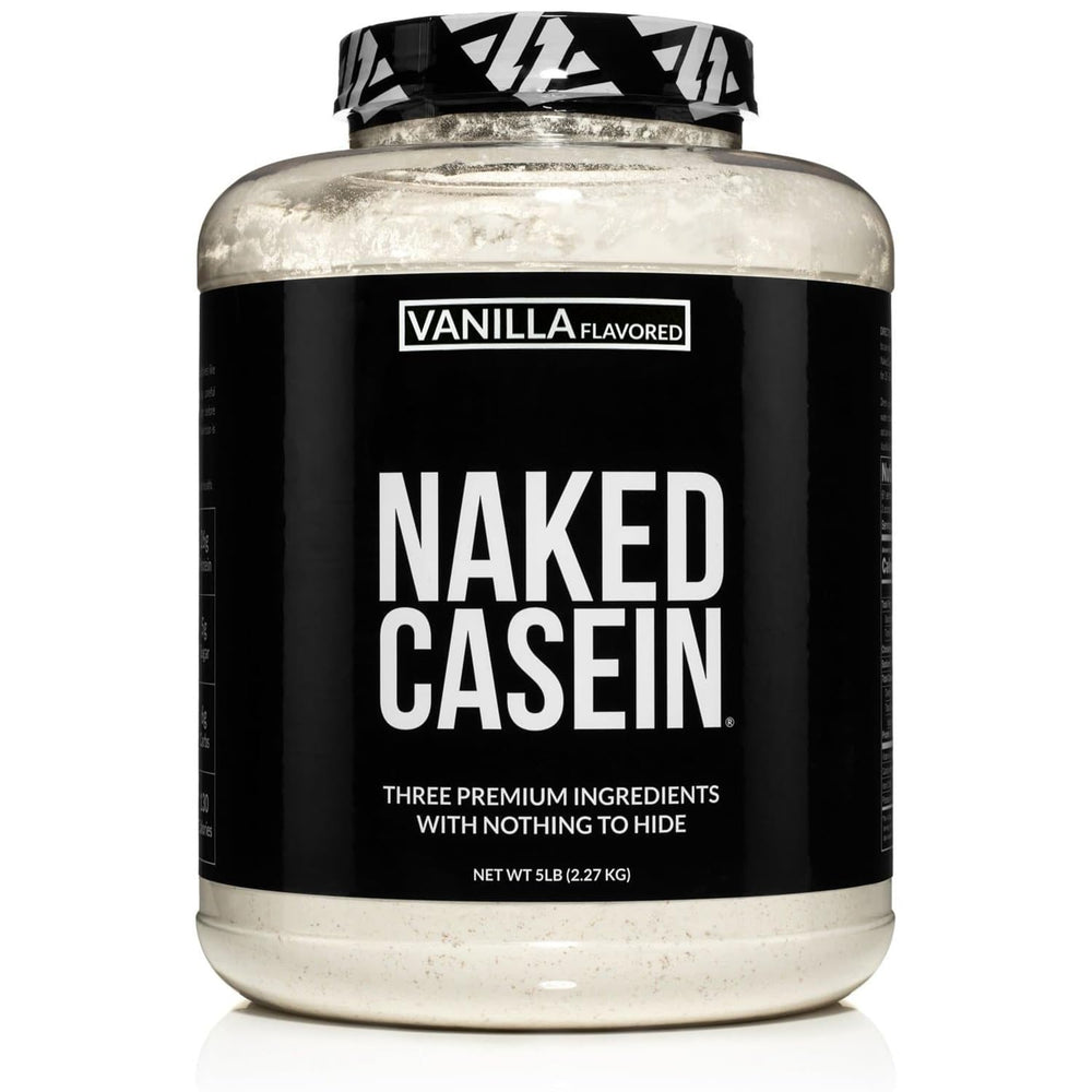 NAKED Casein Vanilla powder in a jar highlighting clean ingredients and flavor