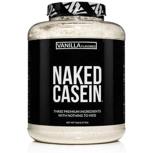 NAKED Casein Vanilla powder in a jar highlighting clean ingredients and flavor