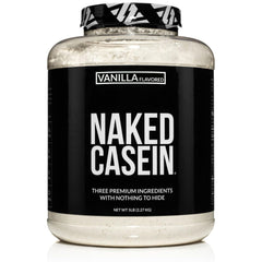 NAKED Casein Vanilla powder in a jar highlighting clean ingredients and flavor