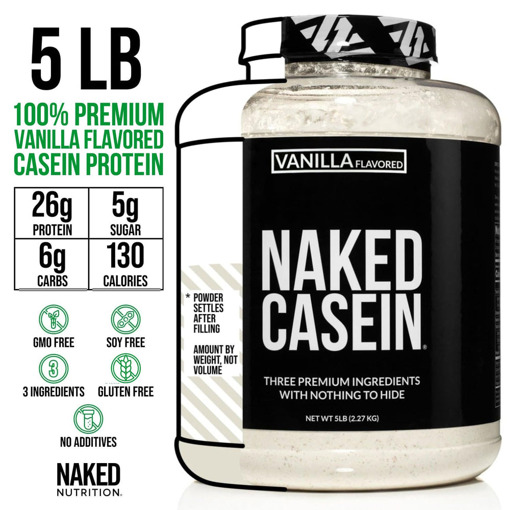 NAKED Casein Vanilla scoop beside the can for easy portioning