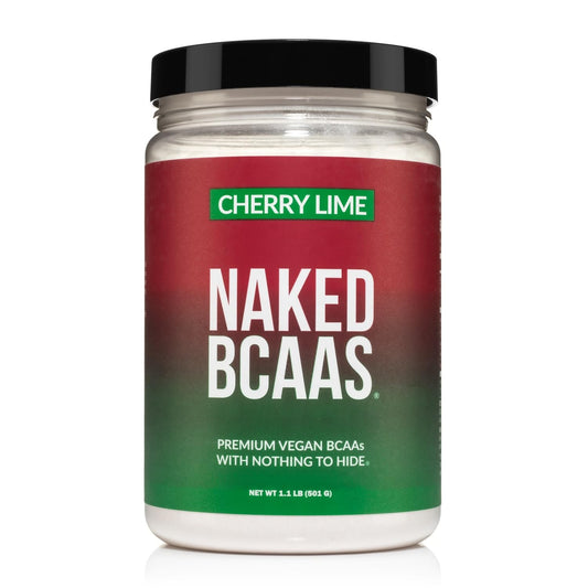 NAKED Cherry Lime BCAAs powder jar ready for pre- and post-workout fueling.