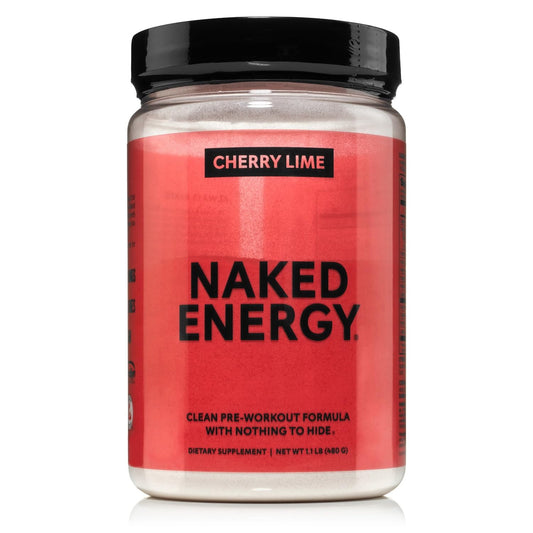 NAKED Cherry Lime Energy tub front shows a clean pre-workout formula for workouts.