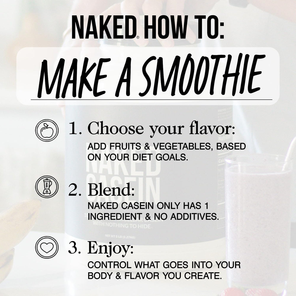 NAKED Chocolate Casein ingredient panel highlighting GMO-free, gluten-free, soy-free options