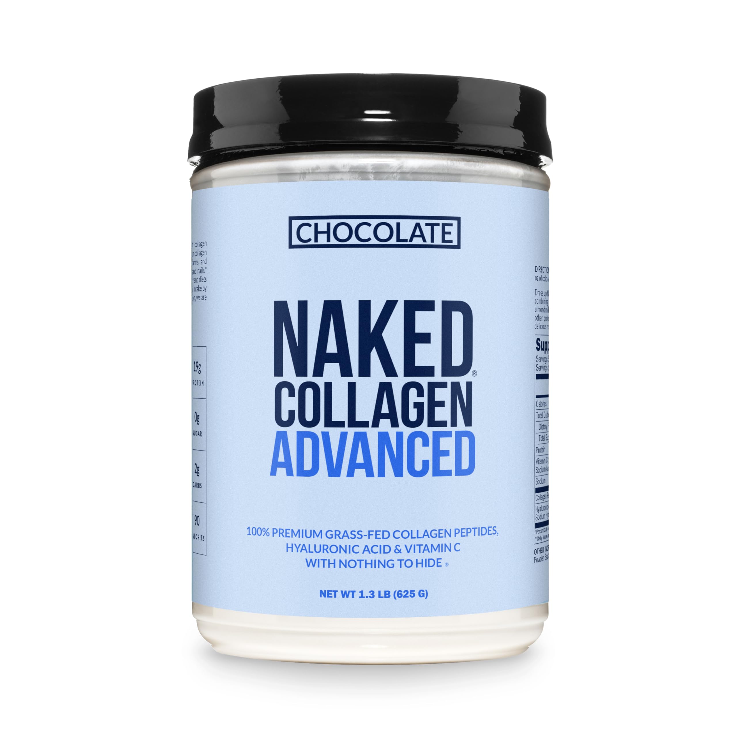 NAKED Chocolate Collagen Advanced tub front showing clean labeling and ready-to-mix formula.