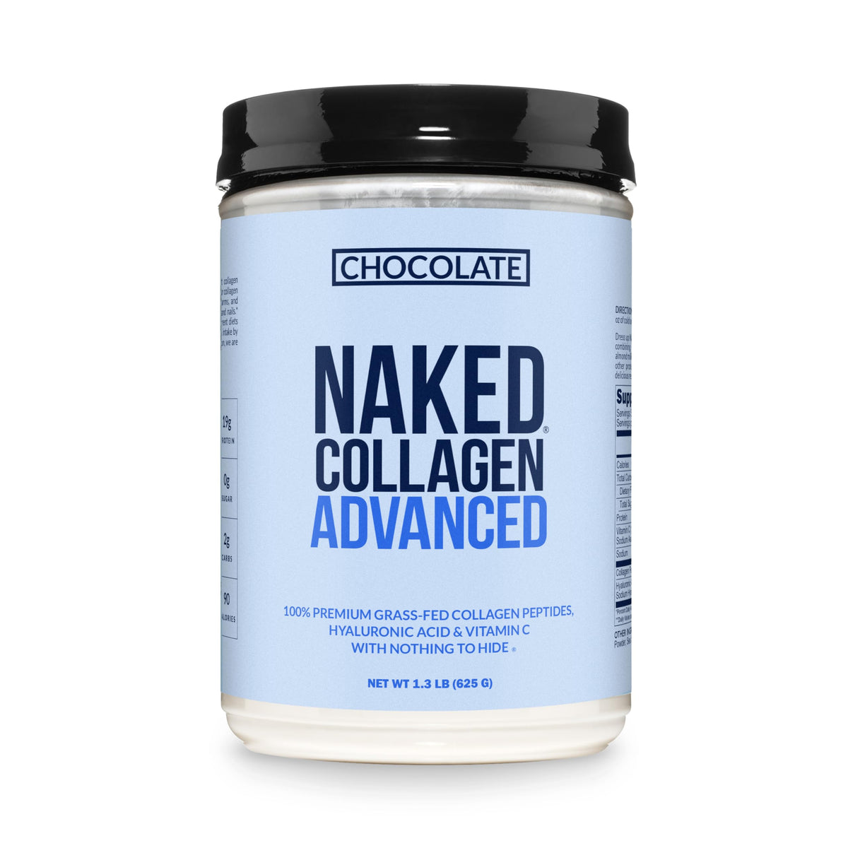 NAKED Chocolate Collagen Advanced tub front showing clean labeling and ready-to-mix formula.