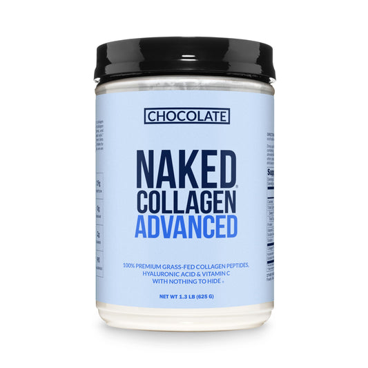 NAKED Chocolate Collagen Advanced tub front showing clean labeling and ready-to-mix formula.