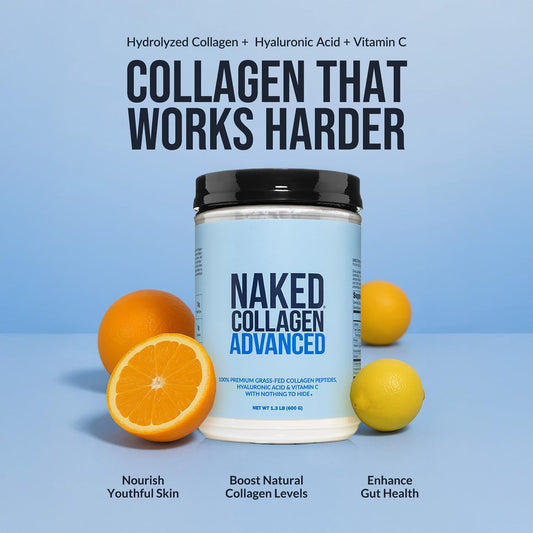 Close-up of scoop inside the NAKED Chocolate Collagen Advanced tub for daily use.
