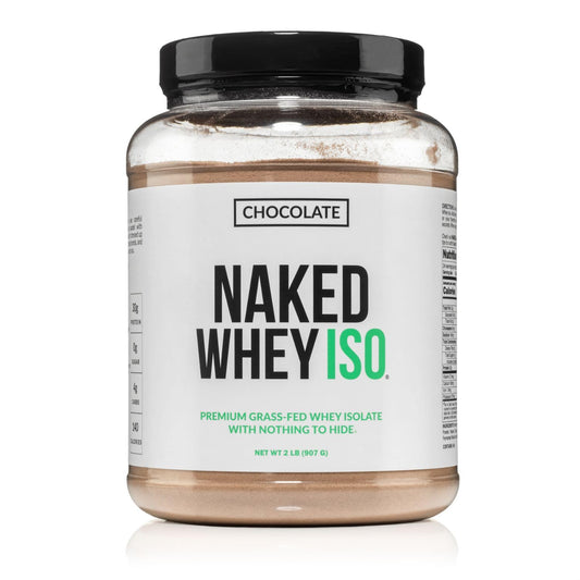 NAKED Chocolate Whey Isolate tub on shelf showing clean ingredients for simple wellness.