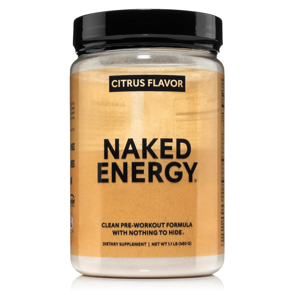 NAKED Citrus Energy bottle on counter for quick pre-workout use and clean energy.