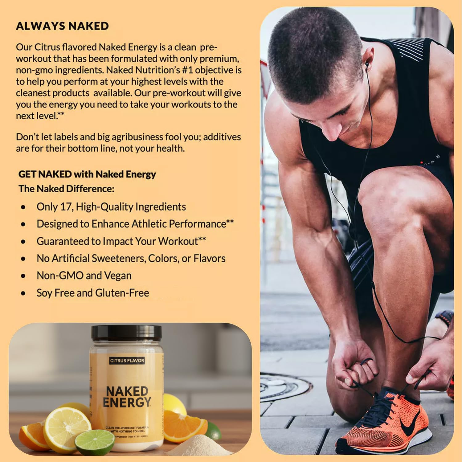NAKED Citrus Energy ingredients panel emphasizes vegan, NSF-certified formula.