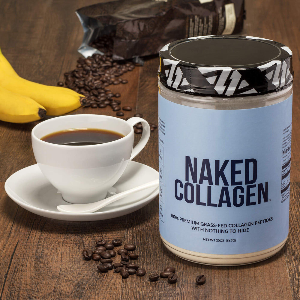 NAKED Collagen Peptides glass with a refreshing drink showing a creamy texture.