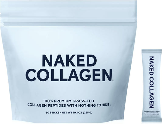 NAKED Collagen Stick Packs packaging close-up highlighting pure grass-fed formula for clean nutrition.