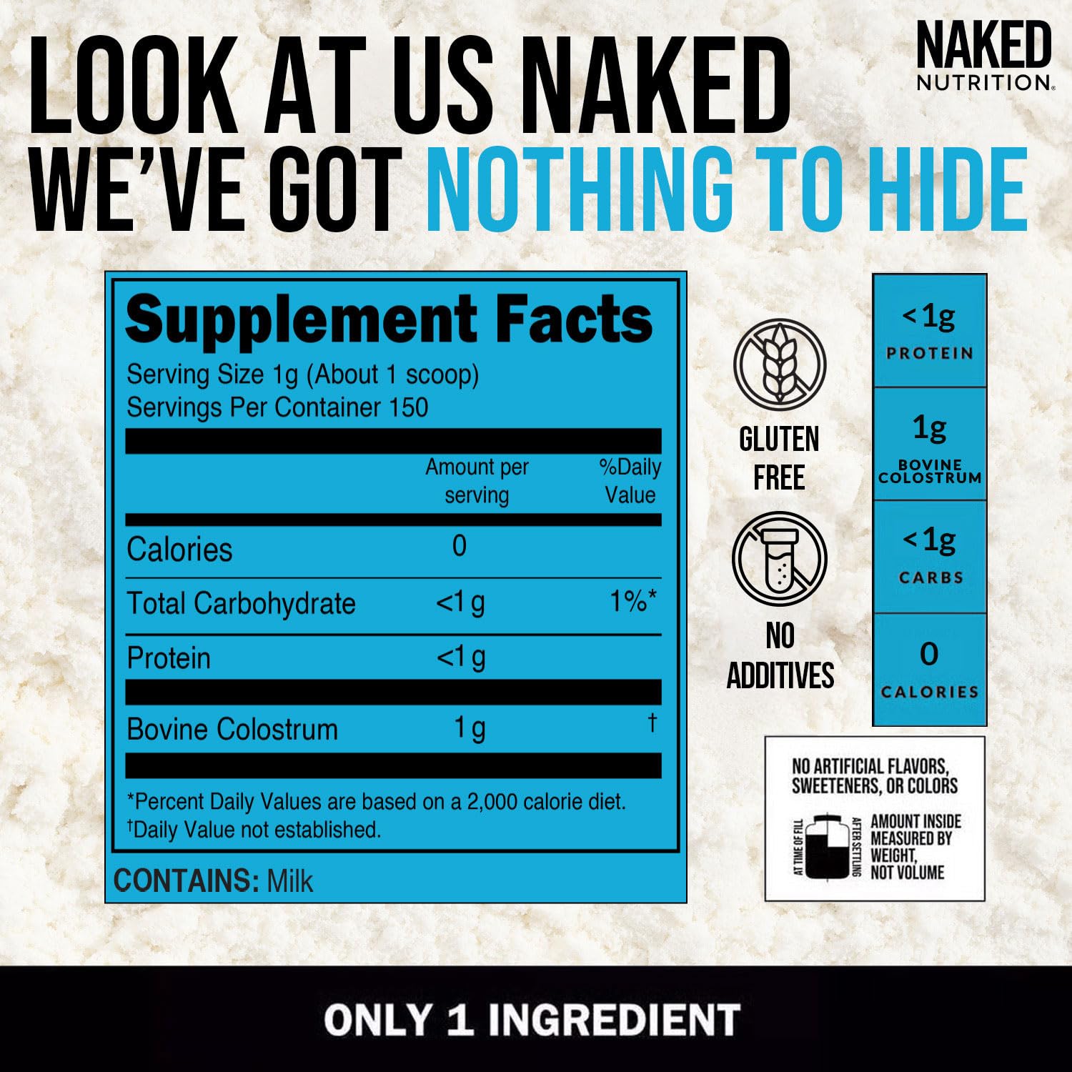 NAKED Colostrum Powder label emphasizes 20% IgG and grass-fed origin.