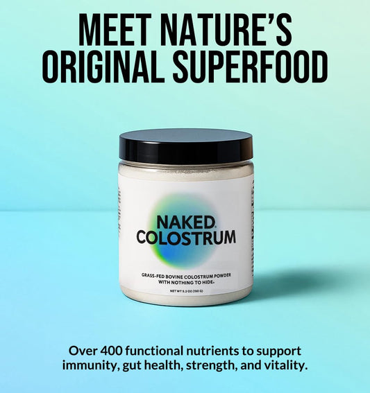 NAKED Colostrum Powder pour beside a glass for easy daily use and immune support.
