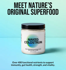 NAKED Colostrum Powder pour beside a glass for easy daily use and immune support.