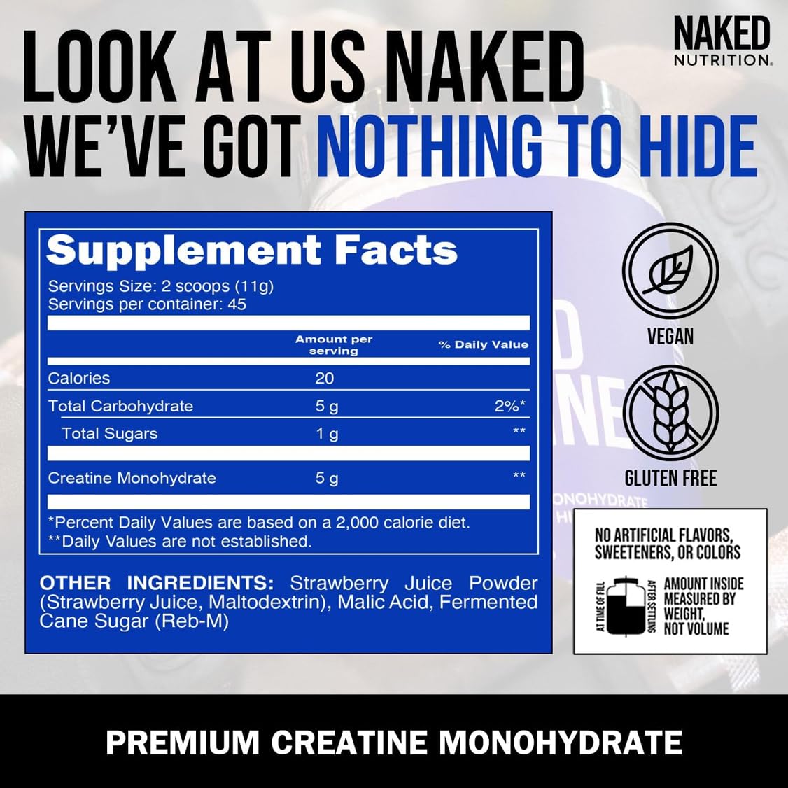 NAKED Creatine label highlights vegan, non-GMO, gluten free ingredients