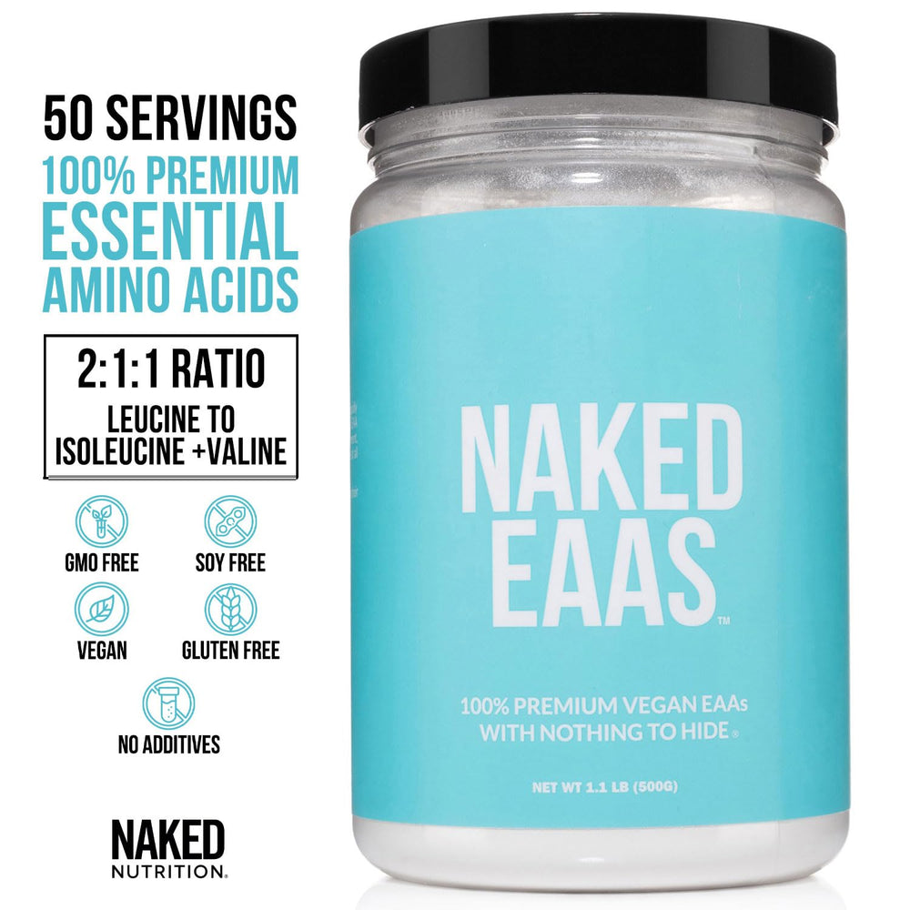 NAKED EAAs bottle label close-up showing vegan formula.