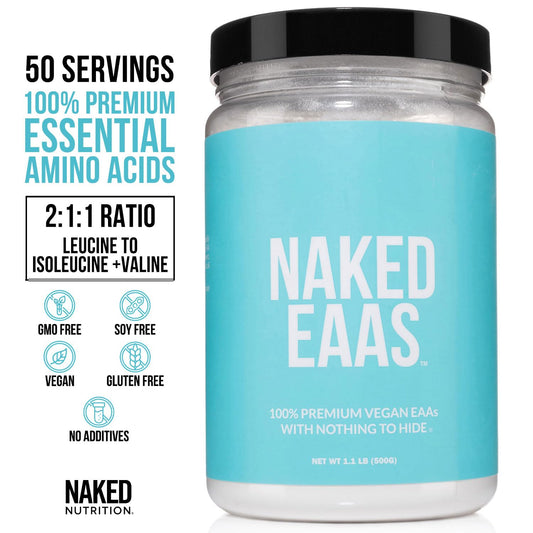 NAKED EAAs bottle label close-up showing vegan formula.