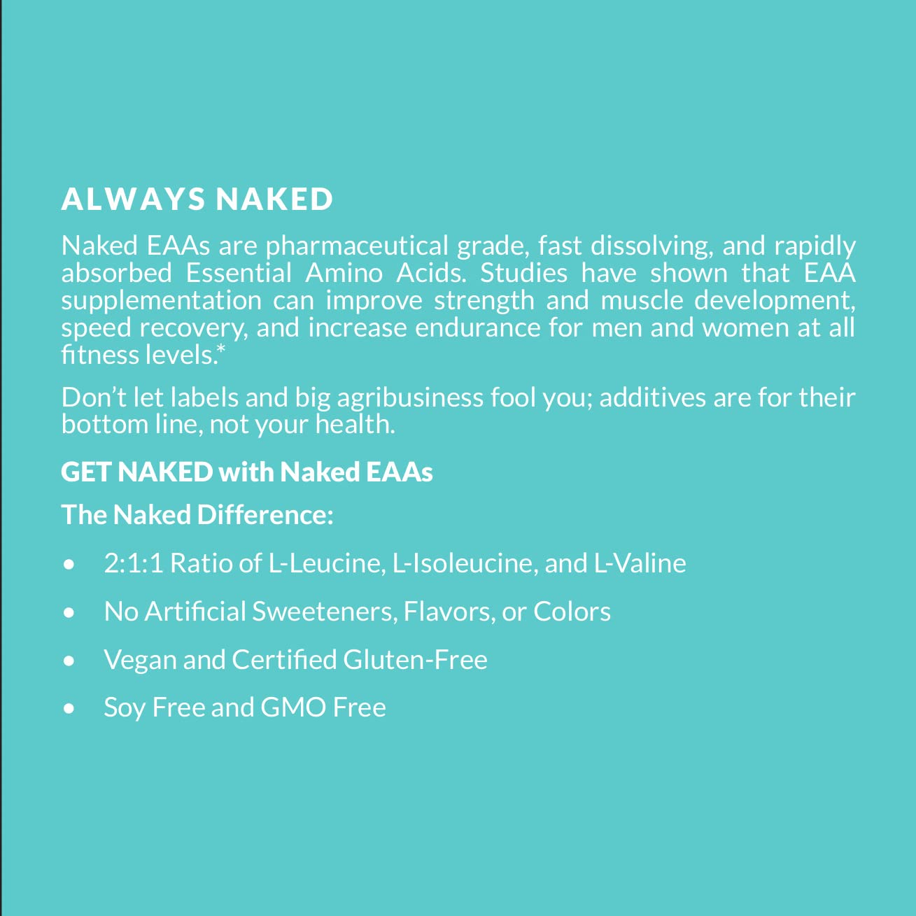 NAKED EAAs vegan ingredients icons highlighting allergen-free formula.