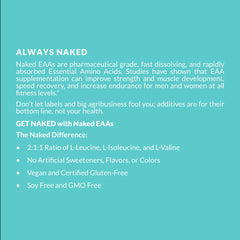 NAKED EAAs vegan ingredients icons highlighting allergen-free formula.