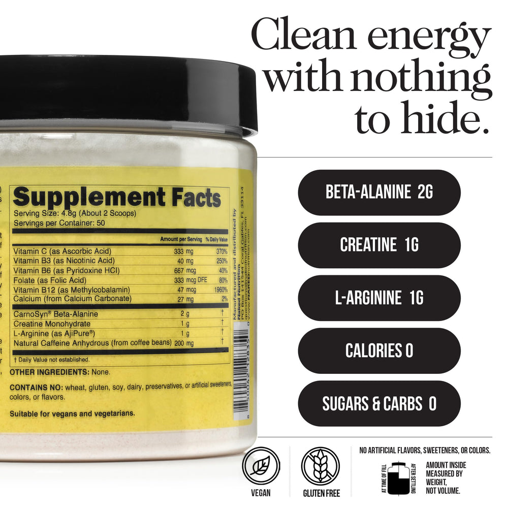 NAKED Energy ingredient list highlighting vegan, additive-free profile