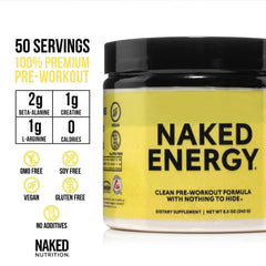 NAKED Energy powder dispensed into a glass demonstrating neutral mixability