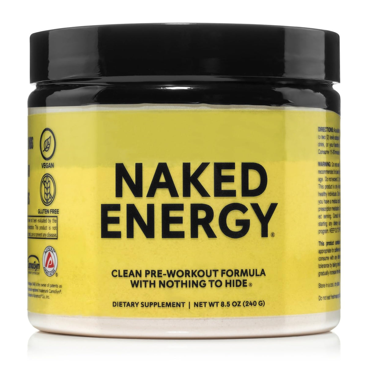 NAKED Energy tub front label showing a clean vegan pre-workout formula