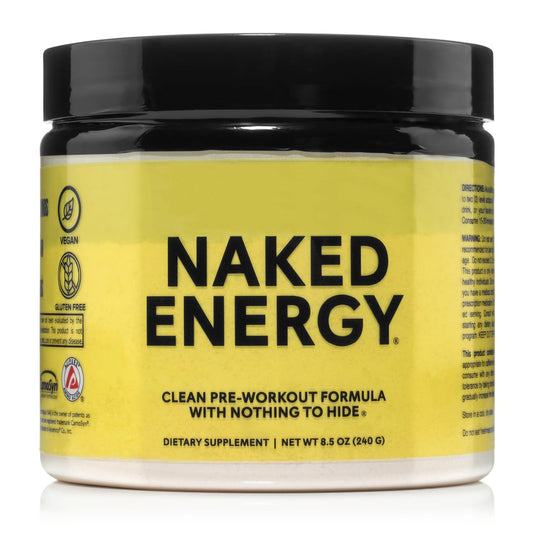 NAKED Energy tub front label showing a clean vegan pre-workout formula