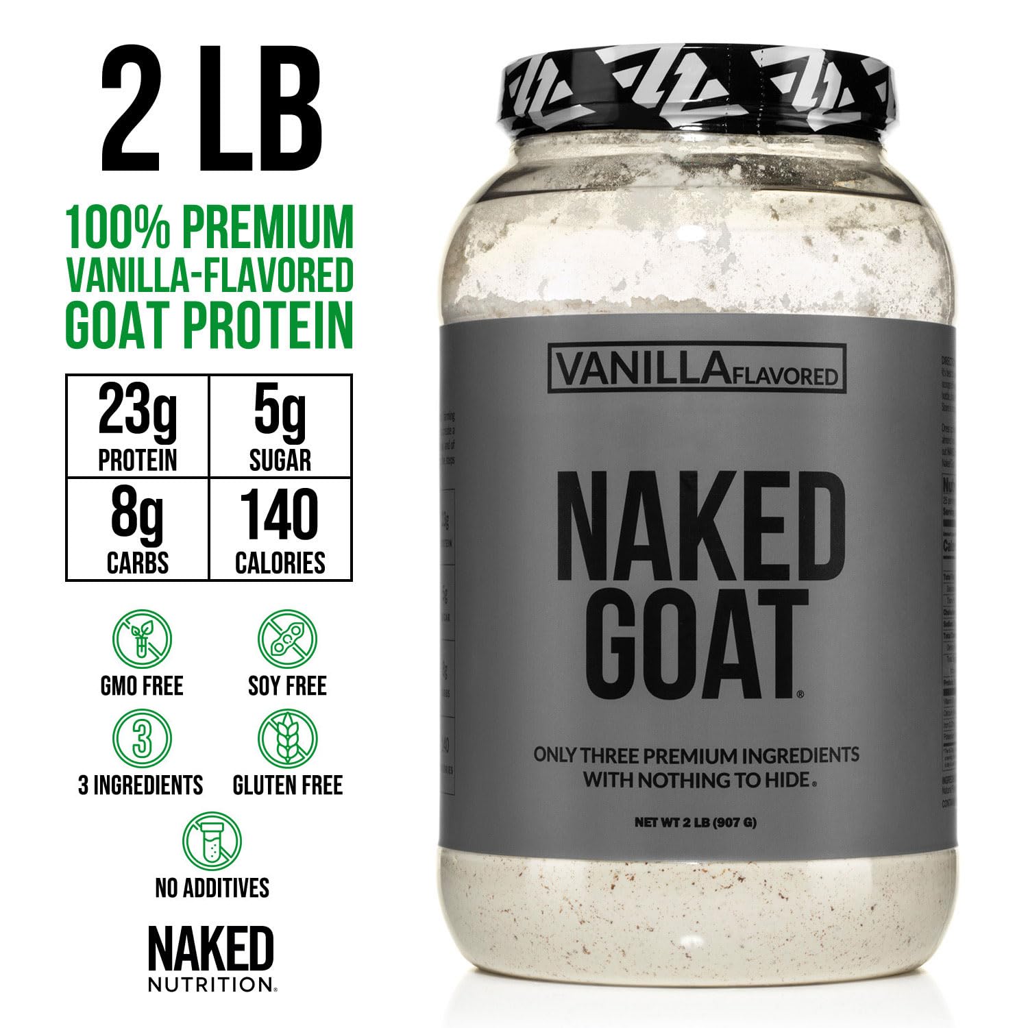 NAKED ingredient-list panel closeup highlights the three-ingredient formula for simple protein.