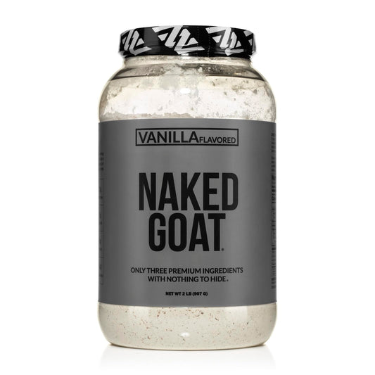 NAKED Goat Vanilla protein tub closeup shows clean ingredients for convenient everyday protein.