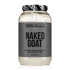 NAKED Goat Vanilla protein tub closeup shows clean ingredients for convenient everyday protein.