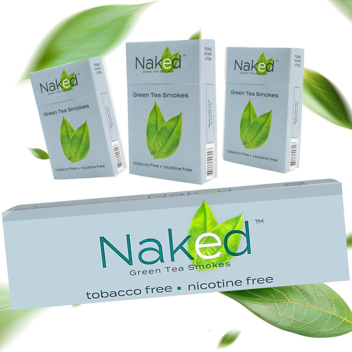 NAKED Green Tea Cigarettes COOL carton front view, no nicotine, tea-based option