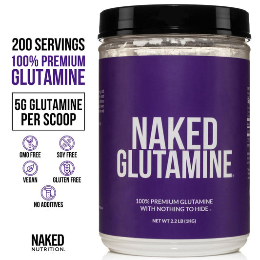 NAKED L-Glutamine 1000g tub with label, bulk supply for workouts.