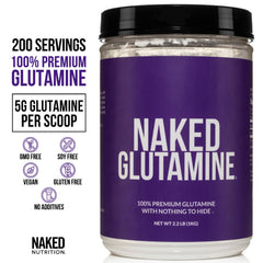 NAKED L-Glutamine 1000g tub with label, bulk supply for workouts.