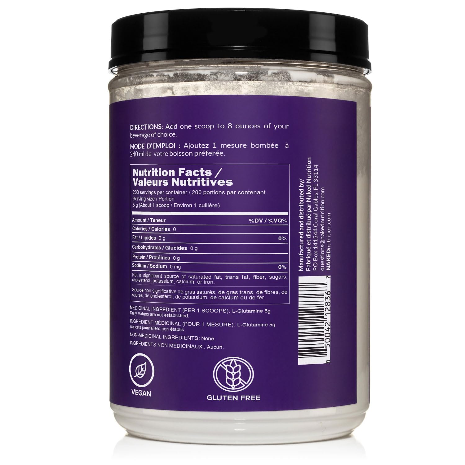 NAKED L-Glutamine packaging close-up showing quality seal.