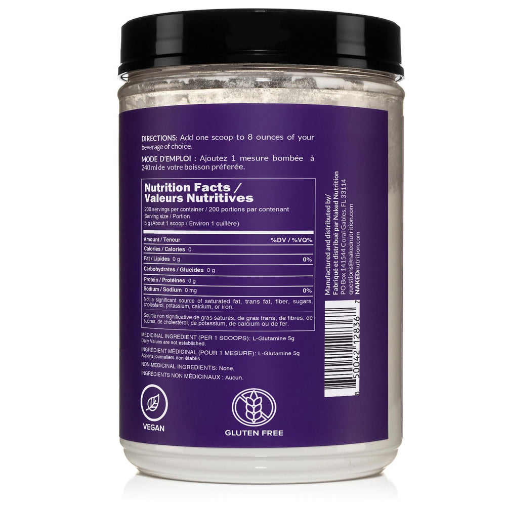 NAKED L-Glutamine packaging close-up showing quality seal.