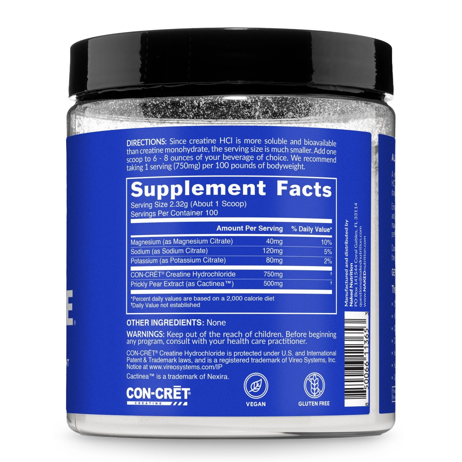 NAKED Lean Creatine HCl Powder showing clean ingredients and no artificial additives.