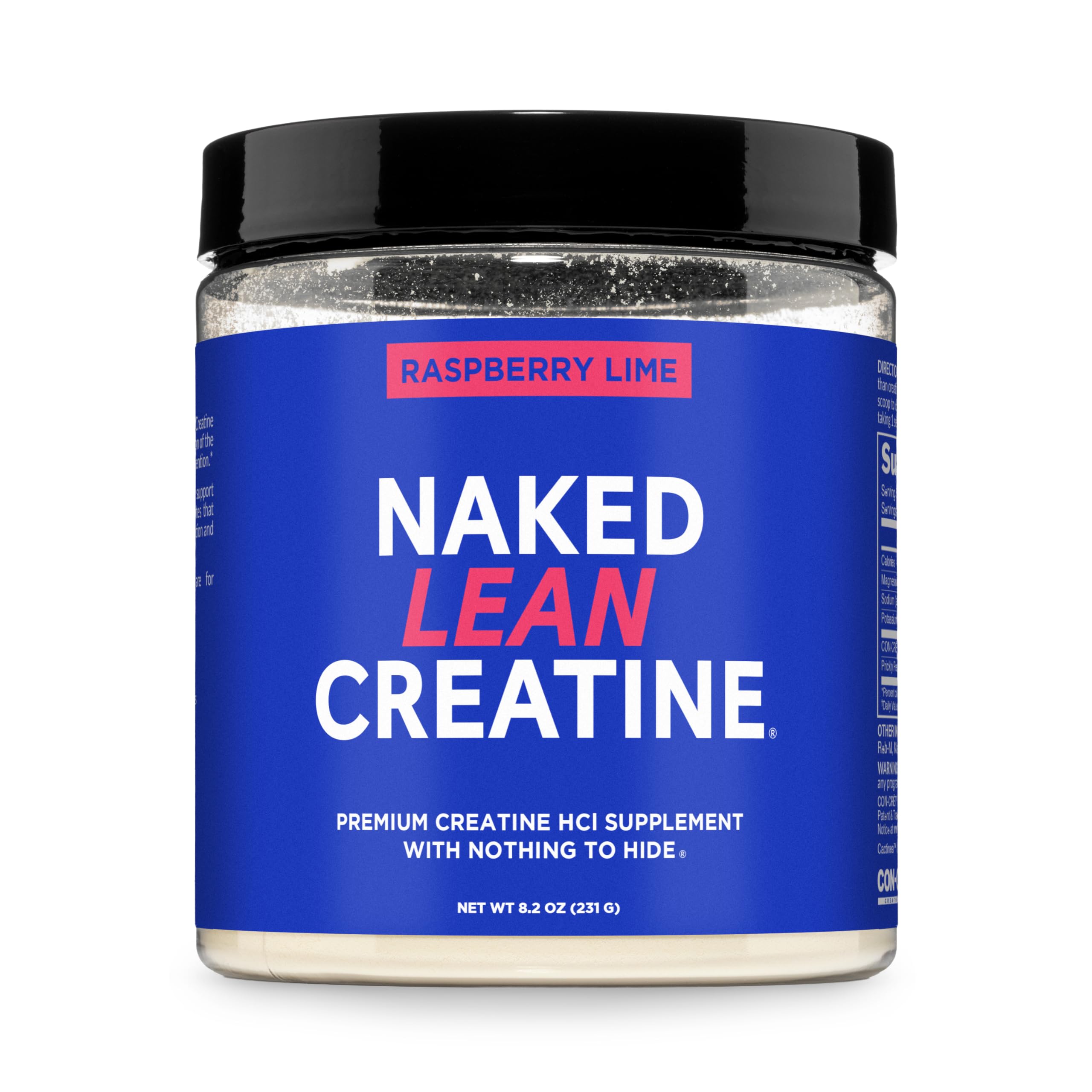 NAKED Lean Creatine HCl Raspberry Lime powder in tub supports lean definition with clean ingredients.