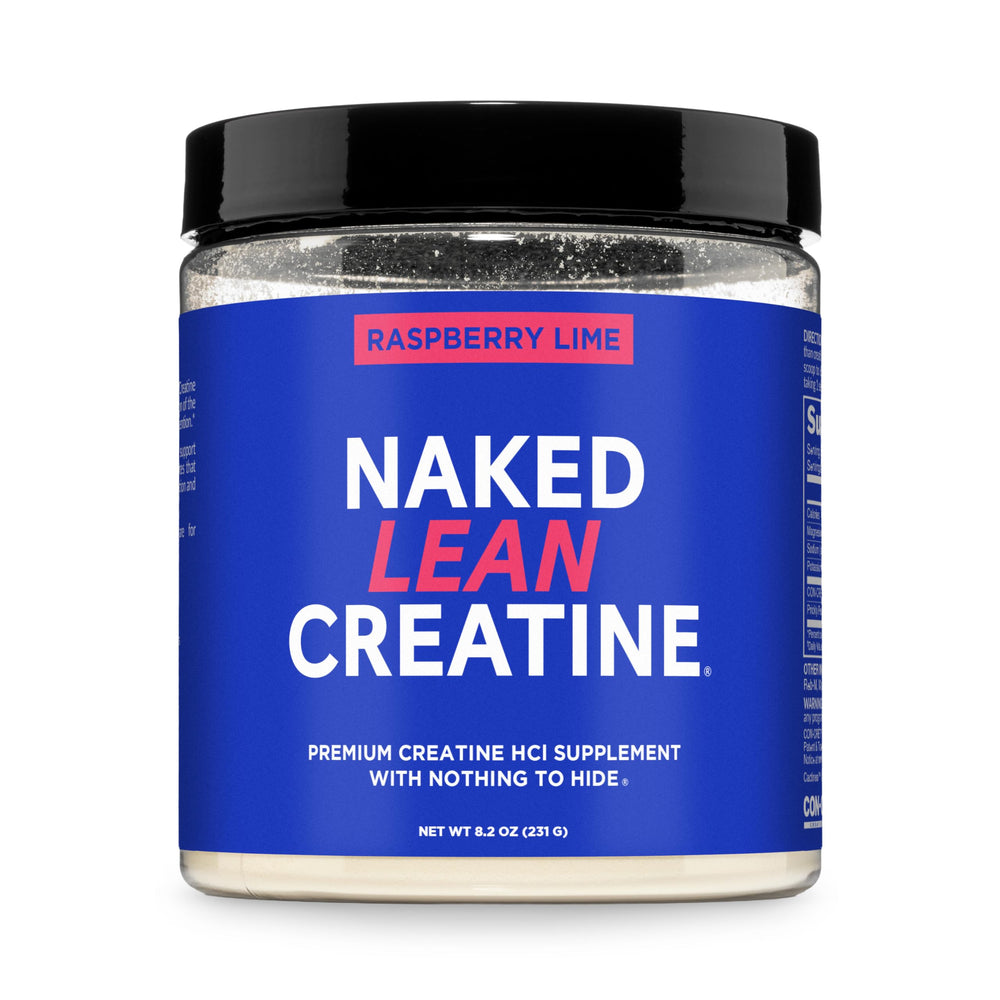 NAKED Lean Creatine HCl Raspberry Lime powder in tub supports lean definition with clean ingredients.