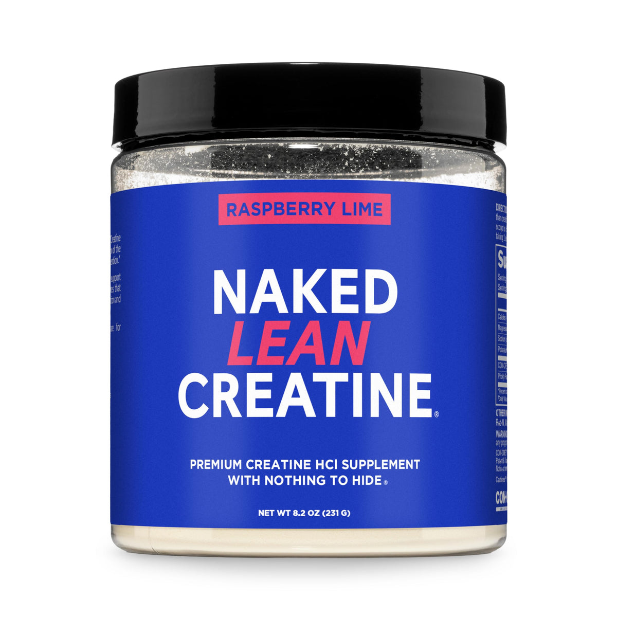 NAKED Lean Creatine HCl Raspberry Lime powder in tub supports lean definition with clean ingredients.