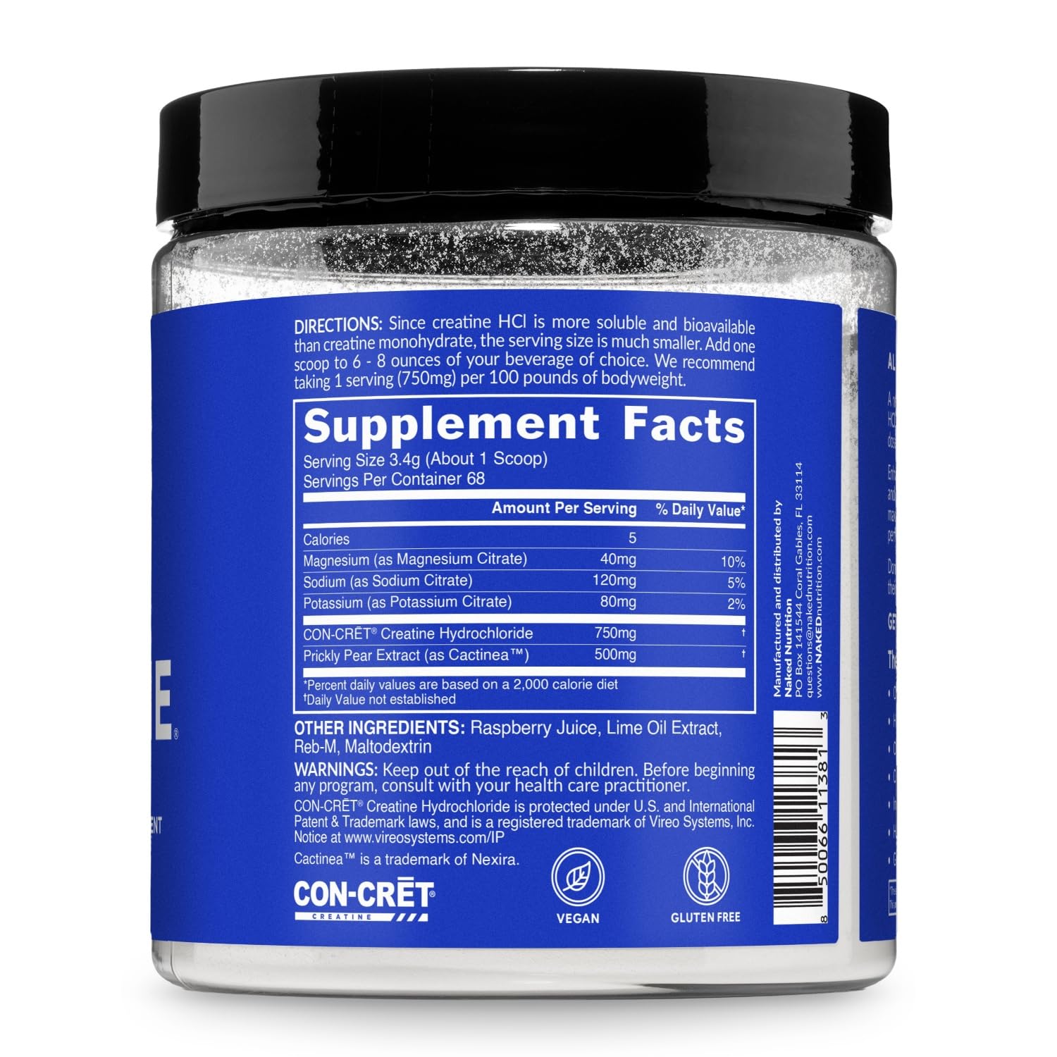 NAKED Lean Creatine HCl product page highlights vegan, gluten-free, and non-GMO claims.