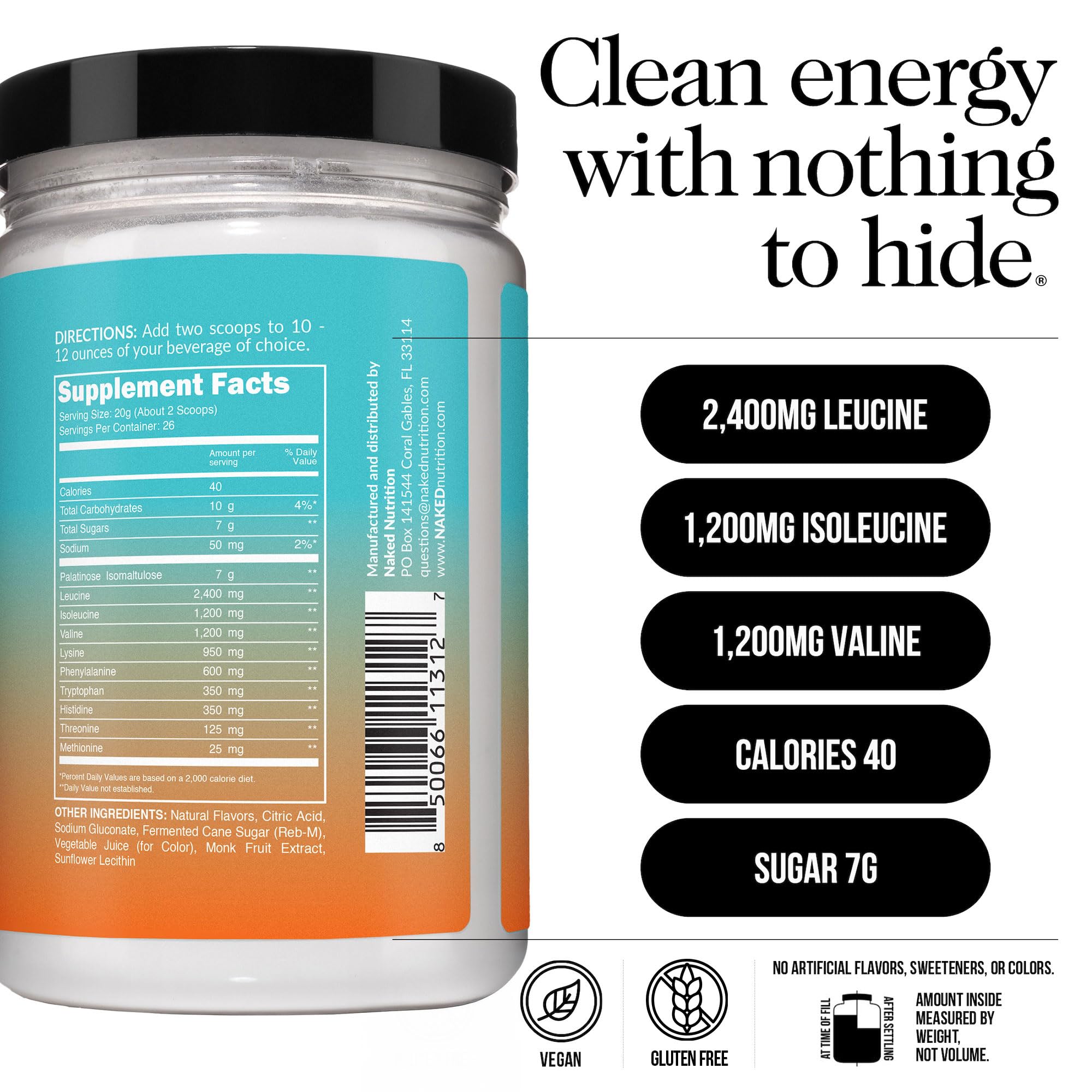 NAKED Mango EAAs ingredients label reveals 2:1:1 amino acid profile.