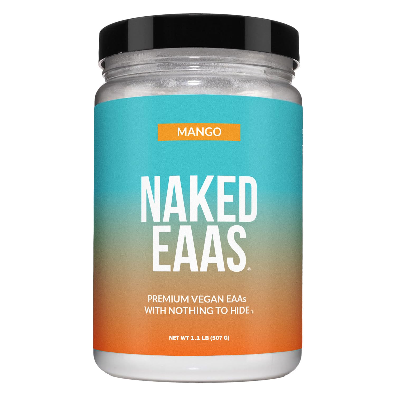 NAKED Mango EAAs tub front highlighting vegan formula and premium quality.