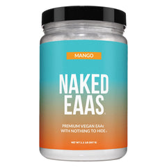 NAKED Mango EAAs tub front highlighting vegan formula and premium quality.