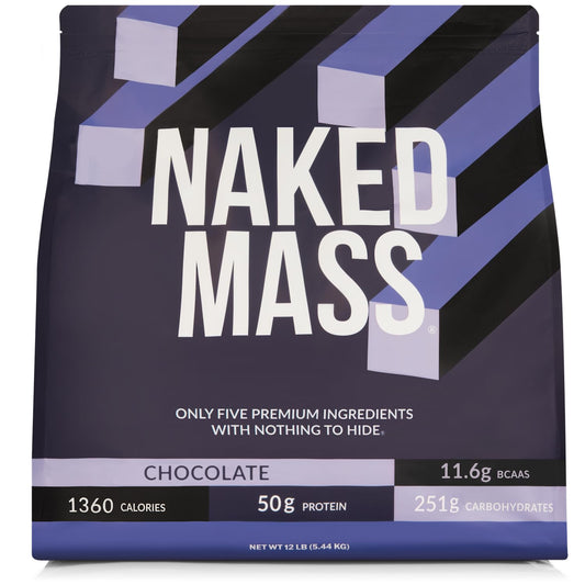 NAKED Mass chocolate powder bag showing clean bulk formula for athletes