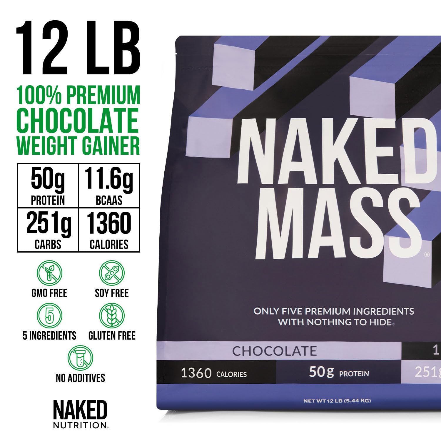 Close-up of NAKED Mass chocolate gainer label with calories information