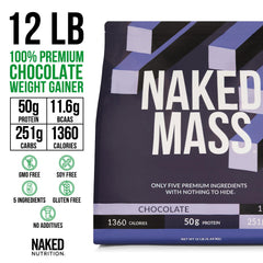 Close-up of NAKED Mass chocolate gainer label with calories information
