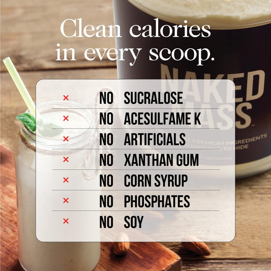 NAKED Mass ingredients laid out featuring organic complex carbohydrates for clean energy