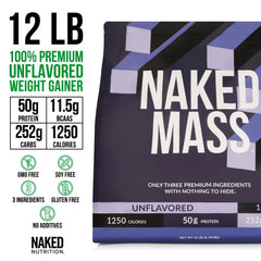 NAKED Mass shake in glass demonstrates easy, calorie-dense protein for workouts.